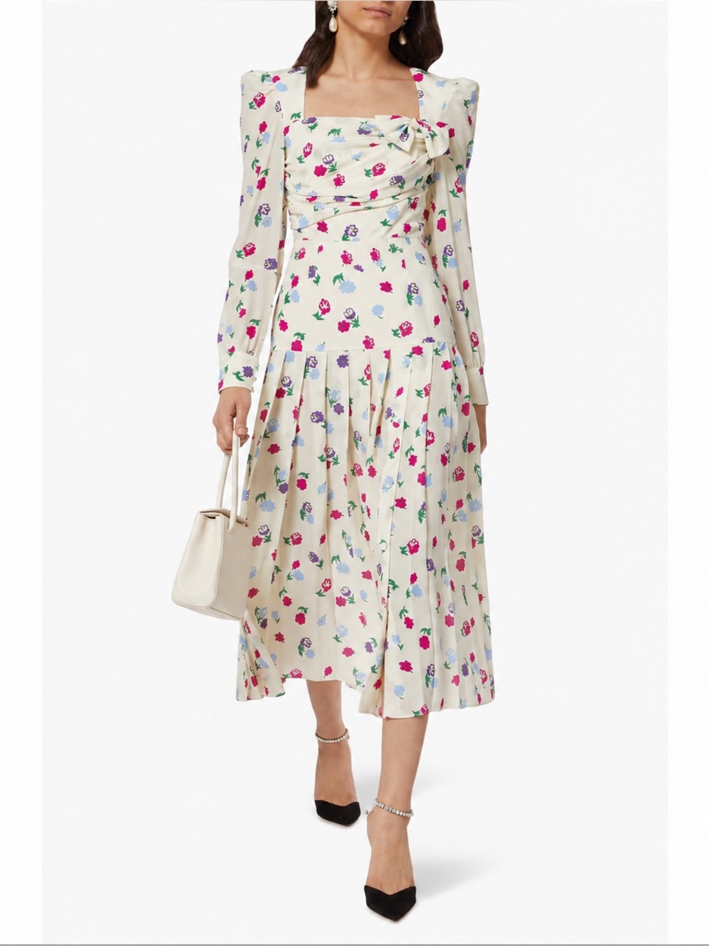 ALESSANDRA RICH Bow-detailed pleated floral-print silk-crepe midi dress